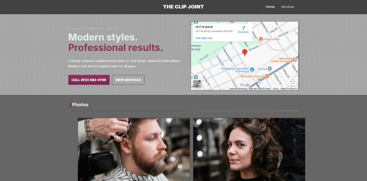 The Clip Joint barbershop website screenshot